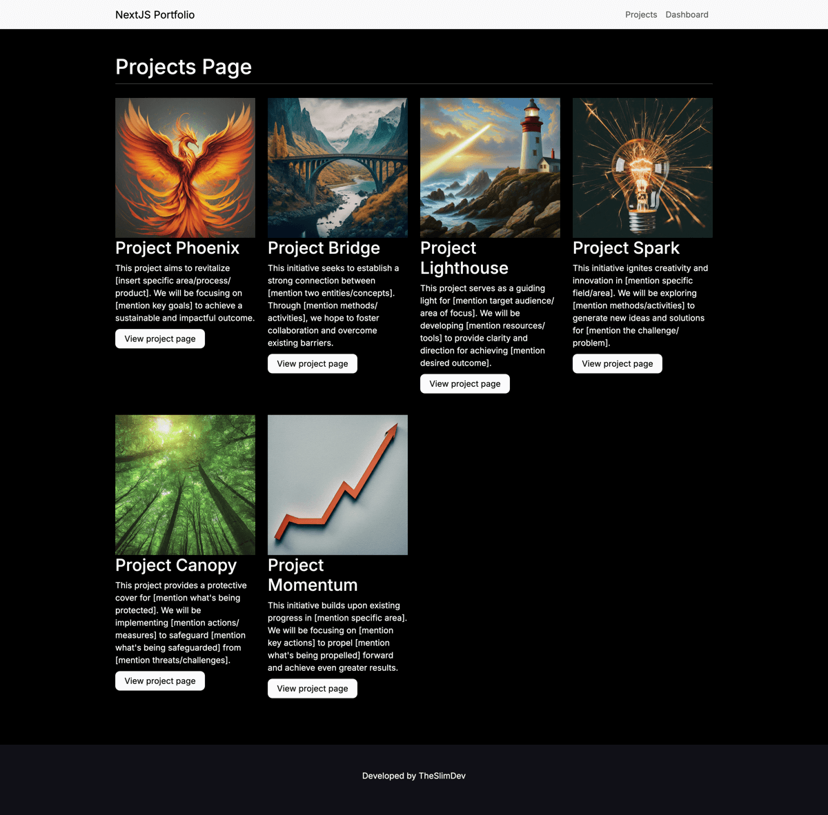 Screenshot of Projects page on NextJS Portfolio demo application developed by theslimdev